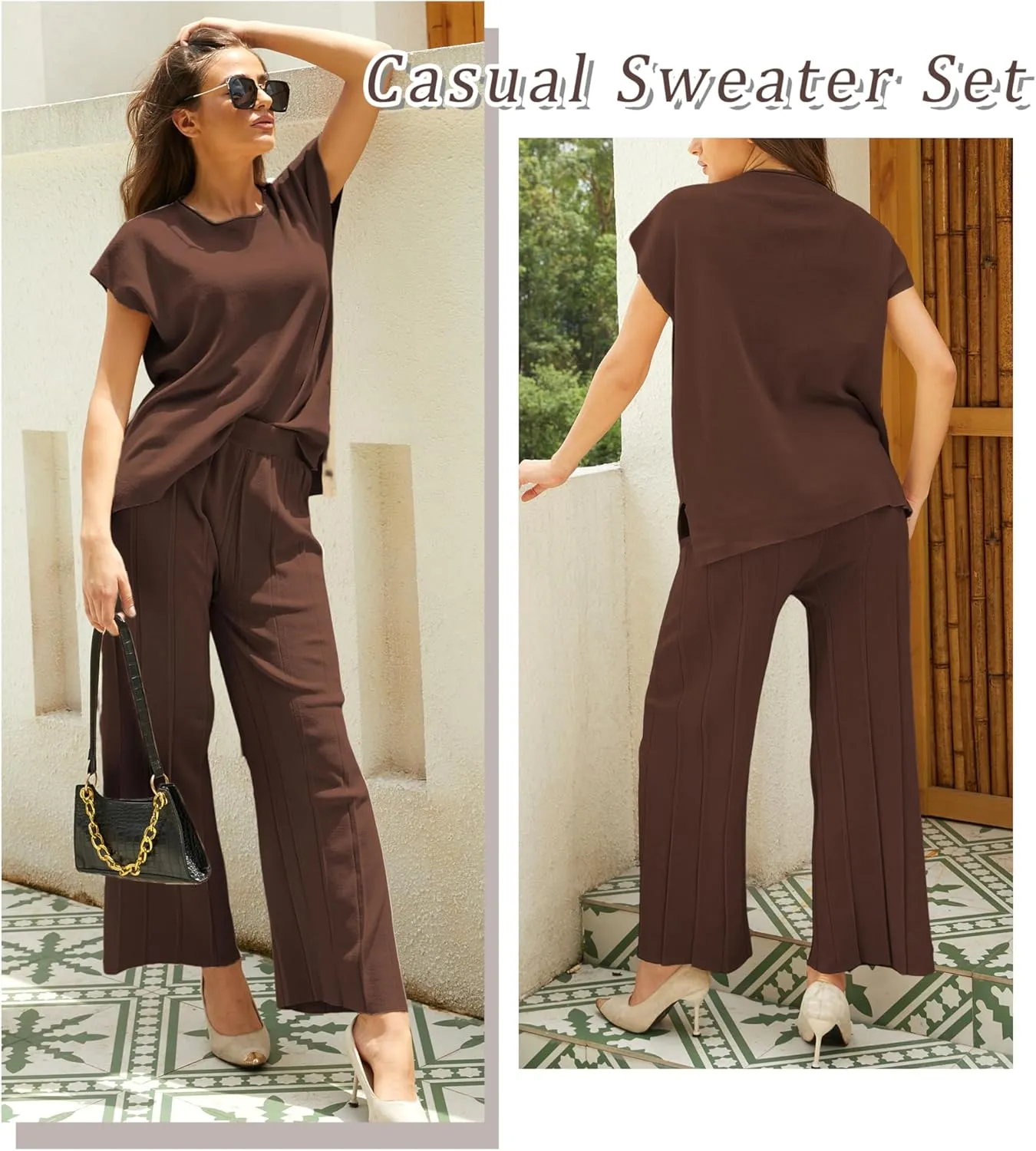 Women's Sweater Set 2 Piece Lounge Set Knit Pullover Tops Vest High Waisted Pants Outfits