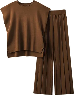 Women's Sweater Set 2 Piece Lounge Set Knit Pullover Tops Vest High Waisted Pants Outfits