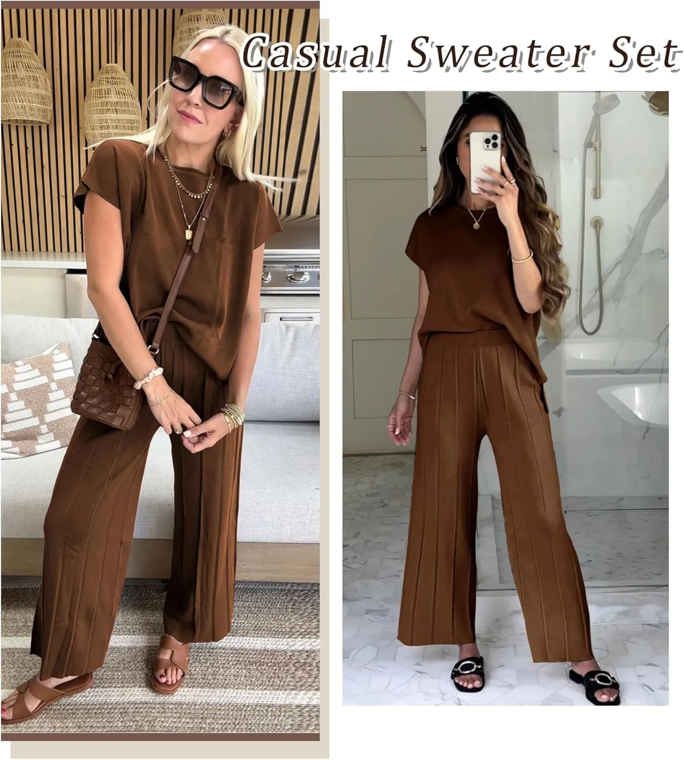 Women's Sweater Set 2 Piece Lounge Set Knit Pullover Tops Vest High Waisted Pants Outfits