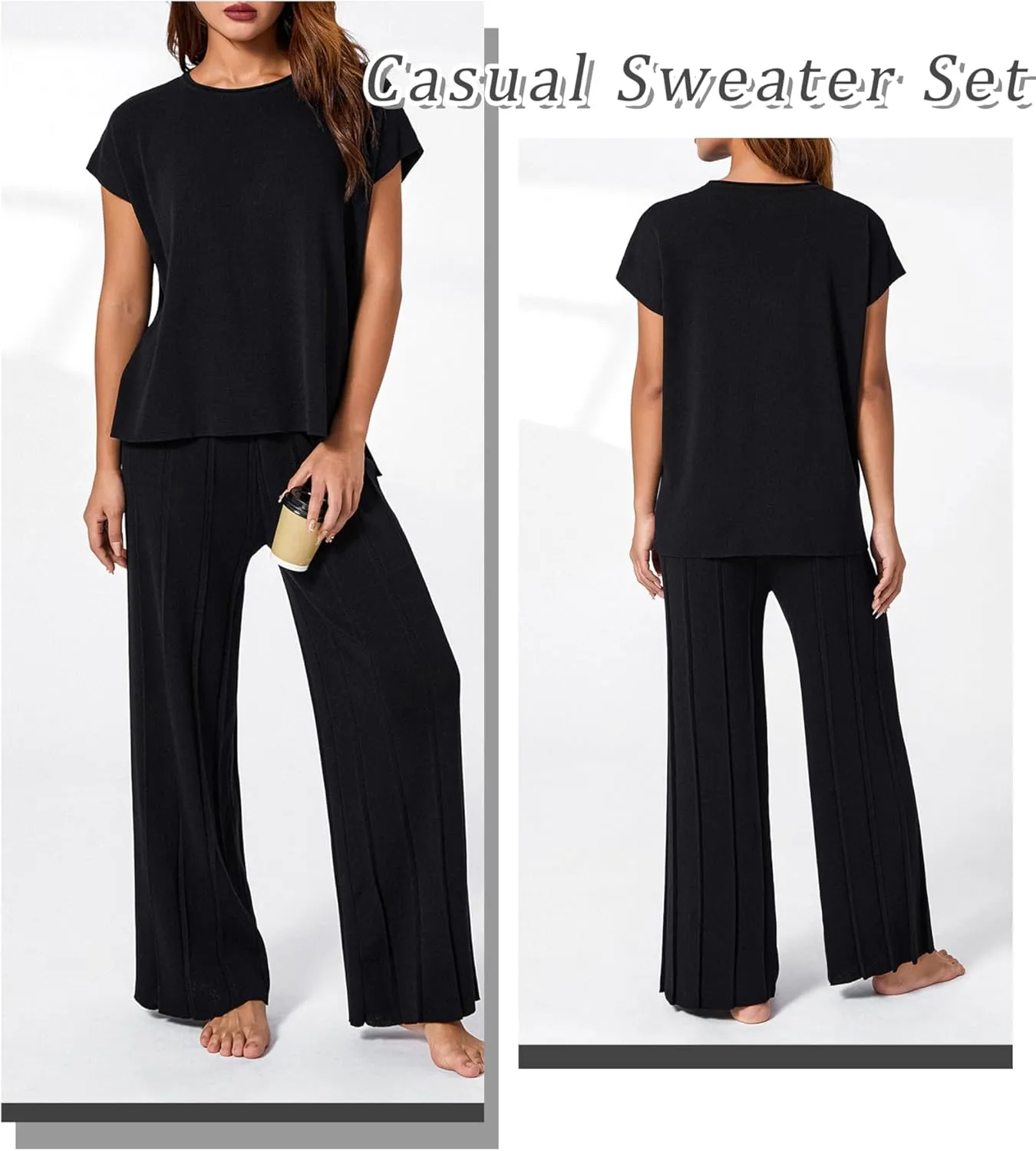 Women's Sweater Set 2 Piece Lounge Set Knit Pullover Tops Vest High Waisted Pants Outfits