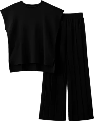 Women's Sweater Set 2 Piece Lounge Set Knit Pullover Tops Vest High Waisted Pants Outfits