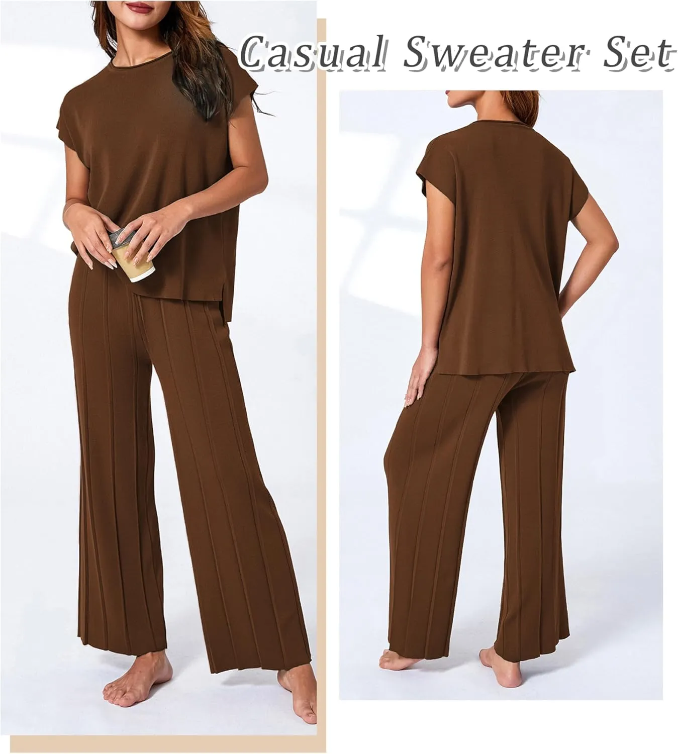 Women's Sweater Set 2 Piece Lounge Set Knit Pullover Tops Vest High Waisted Pants Outfits