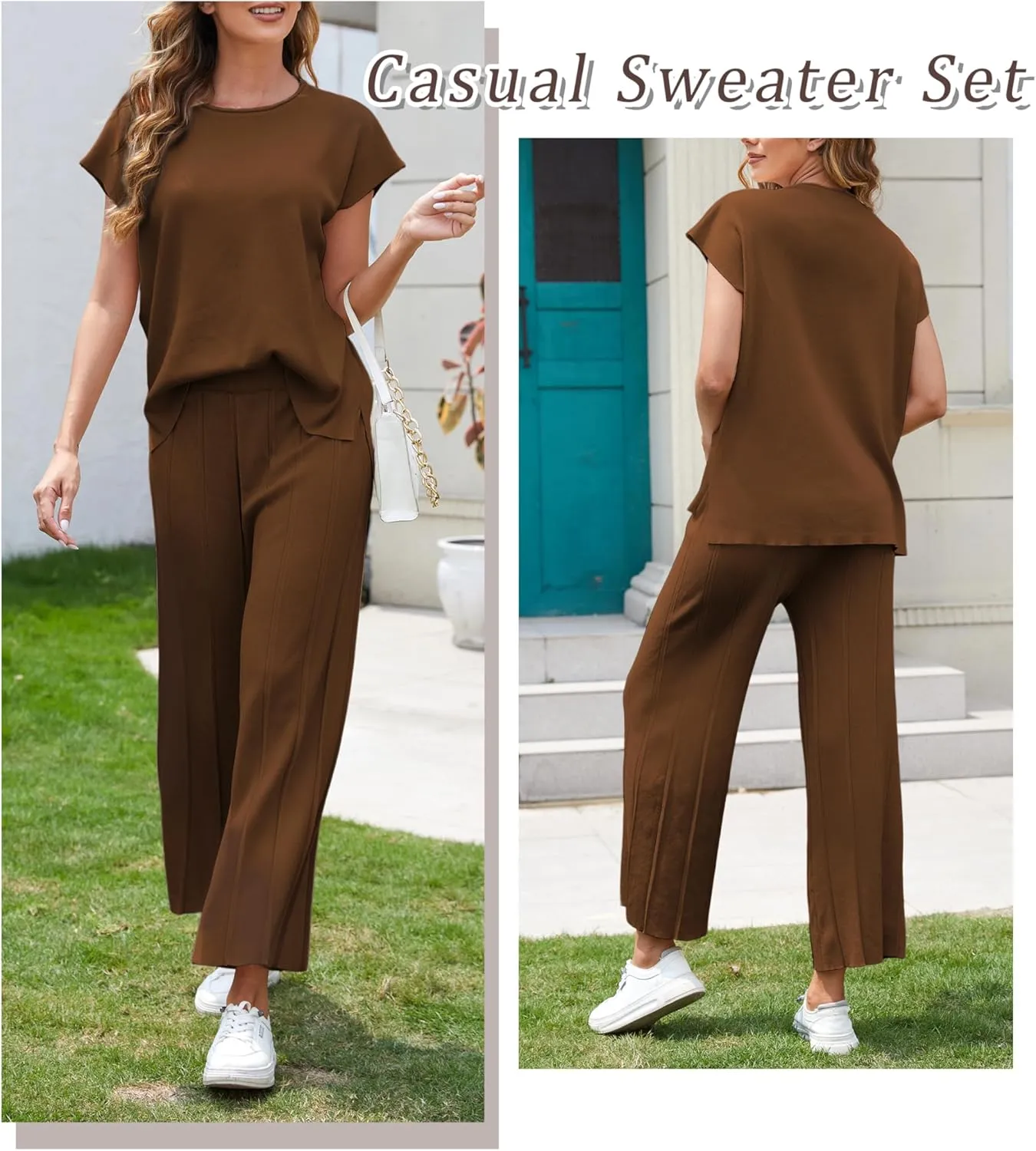 Women's Sweater Set 2 Piece Lounge Set Knit Pullover Tops Vest High Waisted Pants Outfits