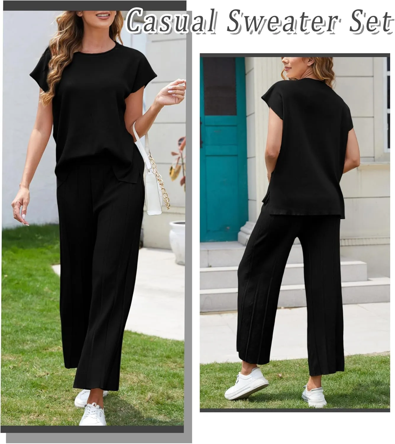 Women's Sweater Set 2 Piece Lounge Set Knit Pullover Tops Vest High Waisted Pants Outfits