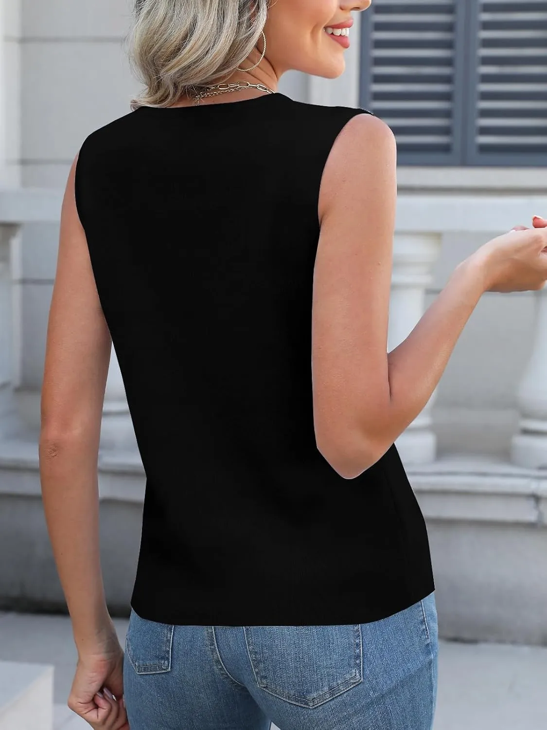 Women's Sweater Vest V Neck Striped Sleeveless Knit Button Down Tank Tops Casual Cropped Sweater Cardigan Vest