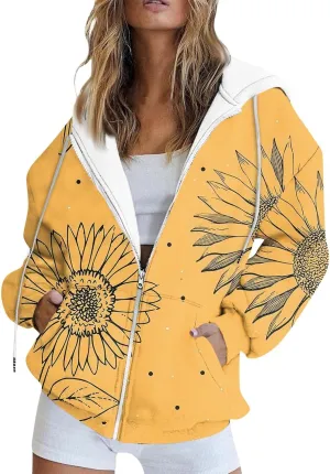 Women's Trendy Floral Printing Jacket Zip Up Hoodies Lightweight Long Sleeve Coat Fall Fashion Outfits with Pockets