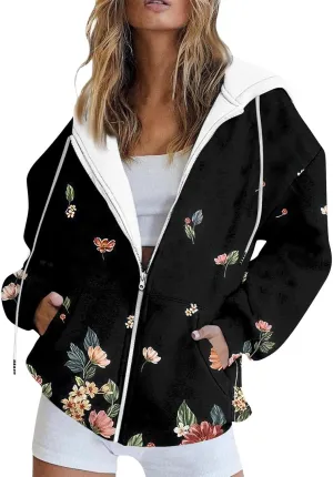 Women's Trendy Floral Printing Jacket Zip Up Hoodies Lightweight Long Sleeve Coat Fall Fashion Outfits with Pockets