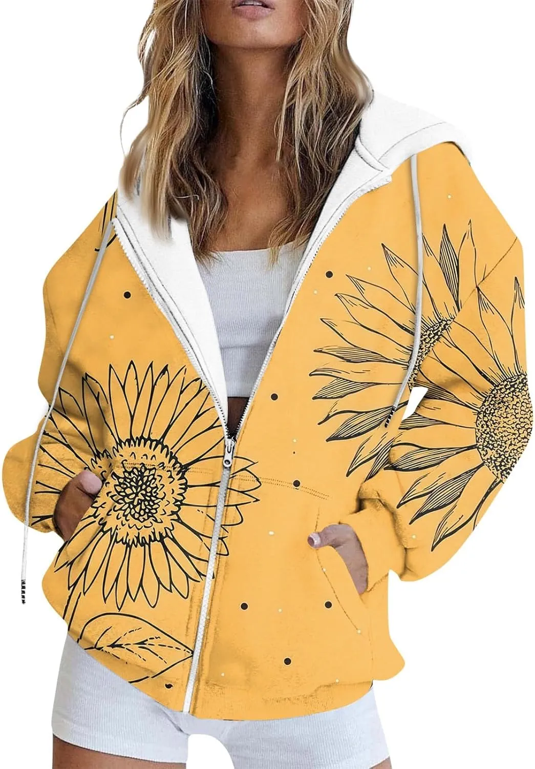 Women's Trendy Floral Printing Jacket Zip Up Hoodies Lightweight Long Sleeve Coat Fall Fashion Outfits with Pockets