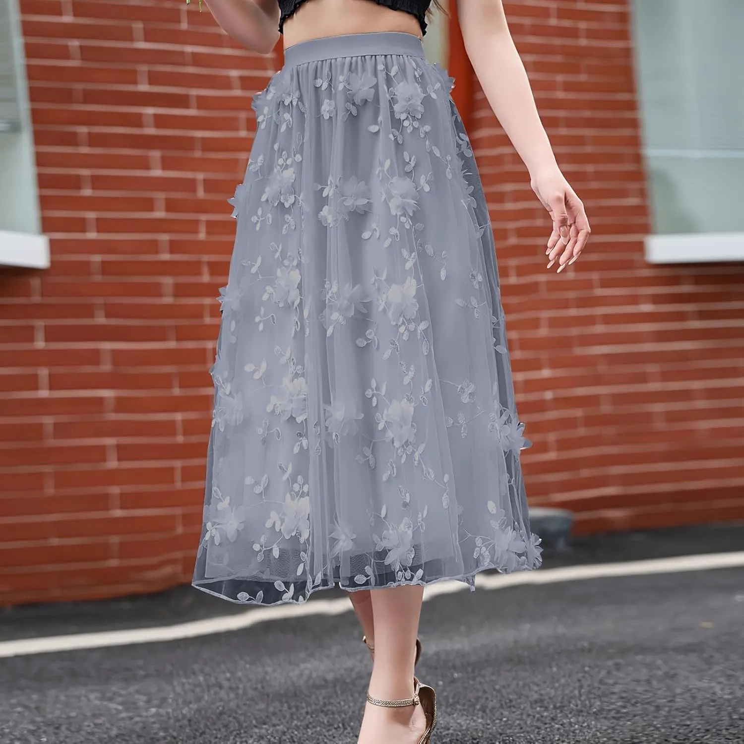 Women's Trendy Midi Tulle Skirt Elastic High Waist Skirts Floral Embroidery Layered Print Mesh A-line Swing Midi Skirt
