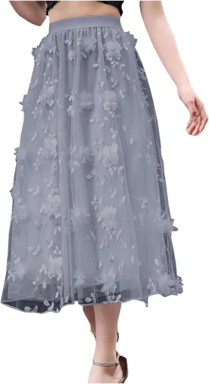 Women's Trendy Midi Tulle Skirt Elastic High Waist Skirts Floral Embroidery Layered Print Mesh A-line Swing Midi Skirt