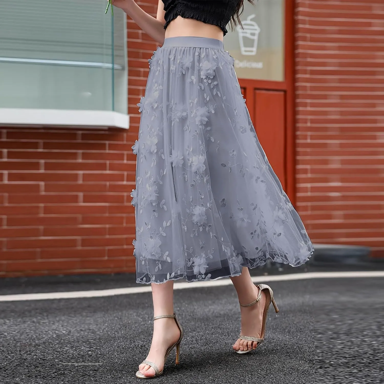 Women's Trendy Midi Tulle Skirt Elastic High Waist Skirts Floral Embroidery Layered Print Mesh A-line Swing Midi Skirt
