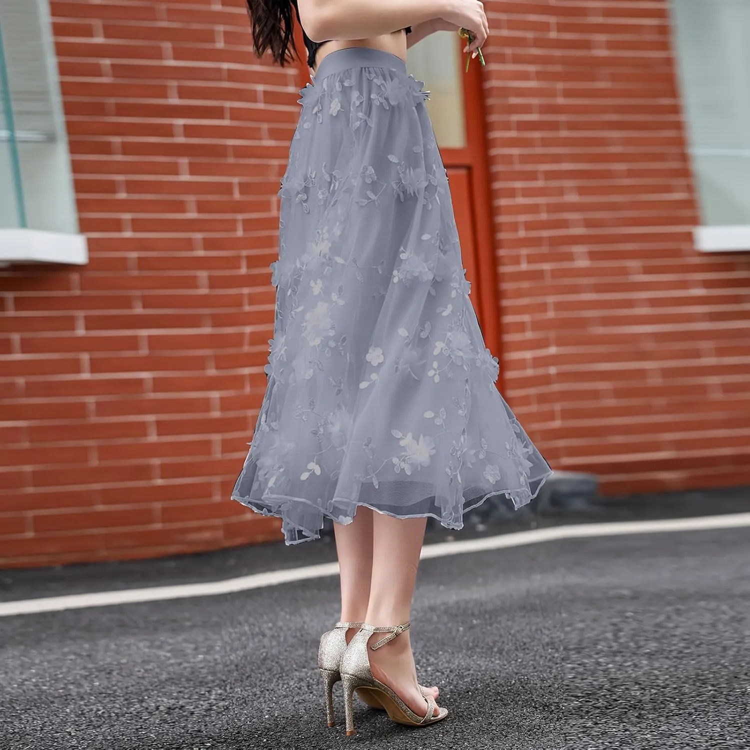 Women's Trendy Midi Tulle Skirt Elastic High Waist Skirts Floral Embroidery Layered Print Mesh A-line Swing Midi Skirt
