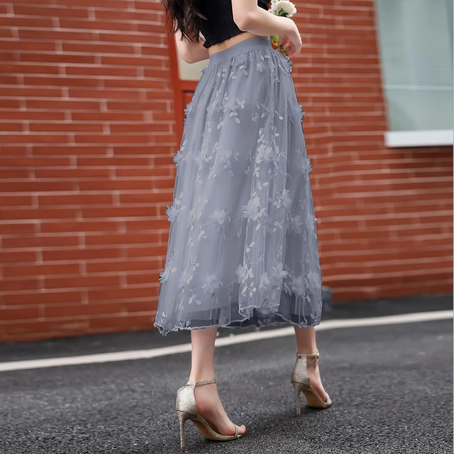 Women's Trendy Midi Tulle Skirt Elastic High Waist Skirts Floral Embroidery Layered Print Mesh A-line Swing Midi Skirt