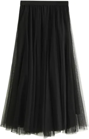 Women's Tulle Skirt High Waist A-line Pleated Midi Skirt