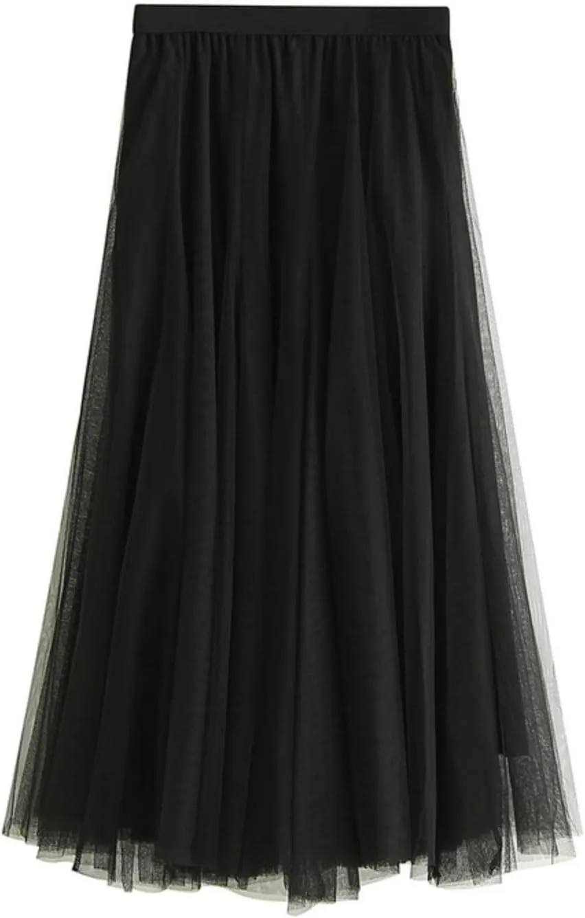 Women's Tulle Skirt High Waist A-line Pleated Midi Skirt