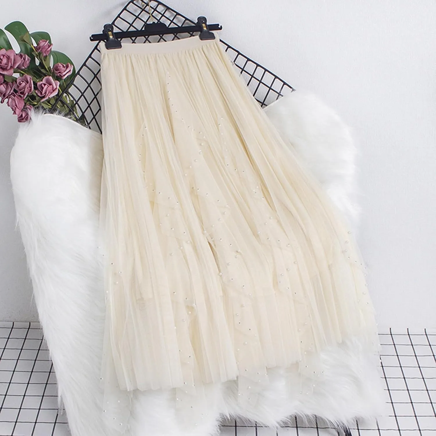 Women's Tulle Skirt Layered Pleated Mesh Tutu Skirt High Elastic Waist Midi Skirt Party Prom Mesh Flowy Ankle Skirt