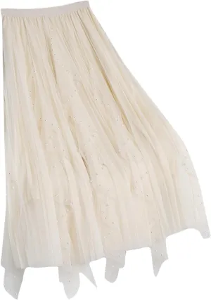 Women's Tulle Skirt Layered Pleated Mesh Tutu Skirt High Elastic Waist Midi Skirt Party Prom Mesh Flowy Ankle Skirt