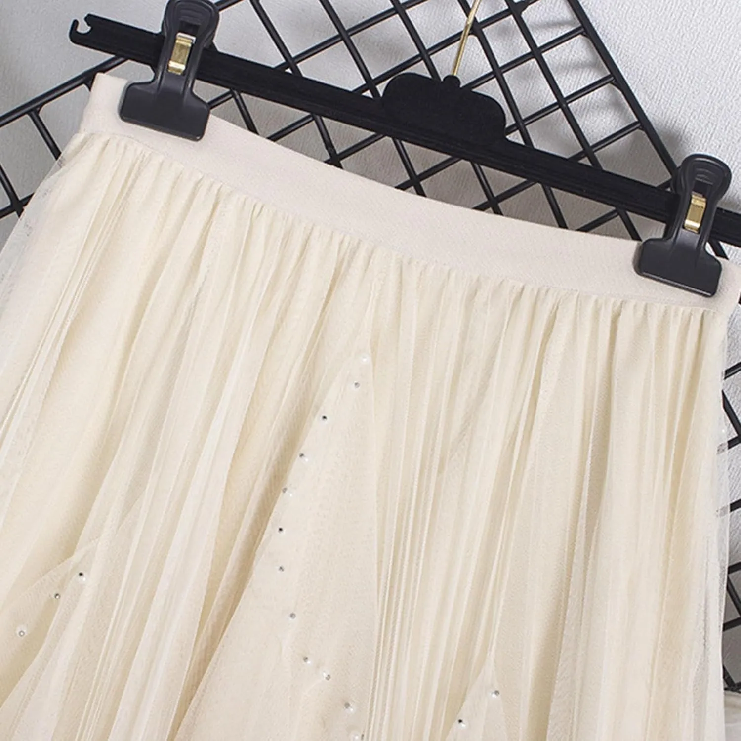 Women's Tulle Skirt Layered Pleated Mesh Tutu Skirt High Elastic Waist Midi Skirt Party Prom Mesh Flowy Ankle Skirt