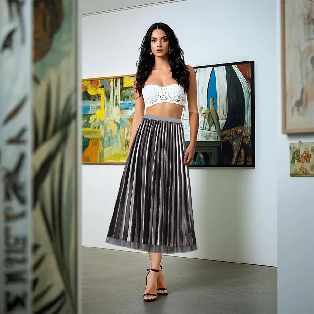 Women's Velvet Pleated Skirt A-Line High Elastic Waist Swing Flare Midi Skirt Women Skirt Midi Swing A-line Skirts, Khaki