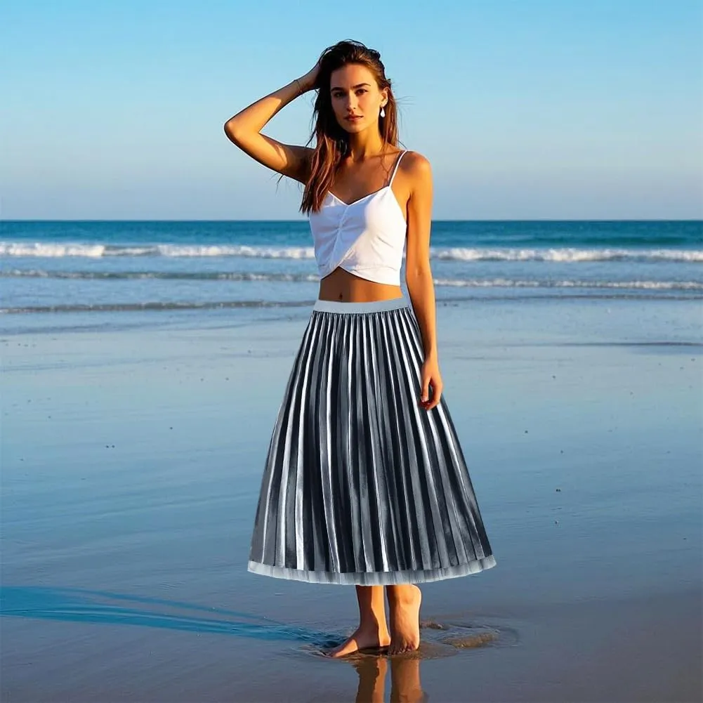 Women's Velvet Pleated Skirt A-Line Women Skirt Midi Swing A-line Skirts High Elastic Waist Swing Flare Midi Skirt