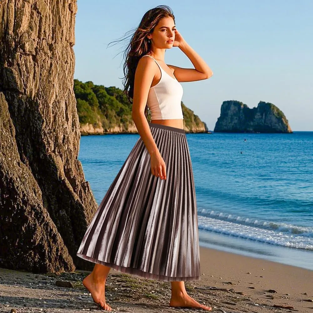 Women's Velvet Pleated Skirt A-Line Women Skirt Midi Swing A-line Skirts High Elastic Waist Swing Flare Midi Skirt