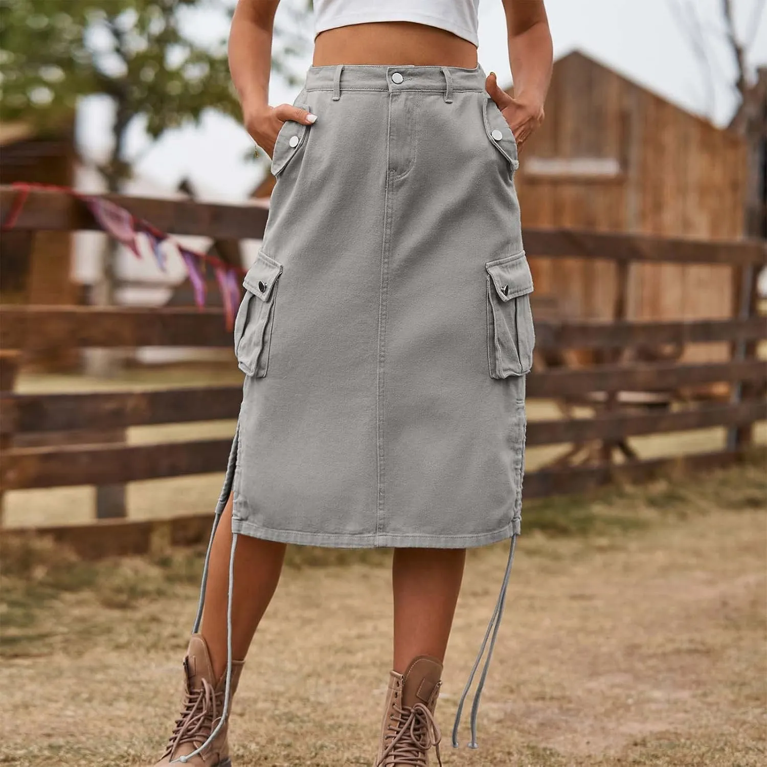 Women's Vintage 90s Midi Denim Skirt Drawstring Stretchy Zipper Pocket Drawstring Jean Skirt Pencil Long Cargo Skirt