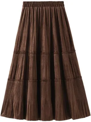 Women's Vintage Corduroy A-line Ruffle Elastic Waist Midi Long Skirt A-Line Midi Pleated Skirt