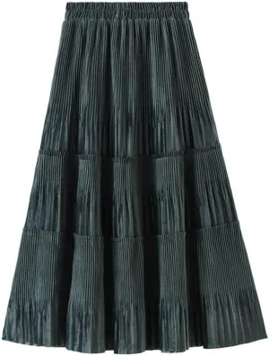 Women's Vintage Corduroy A-line Ruffle Elastic Waist Midi Long Skirt A-Line Midi Pleated Skirt