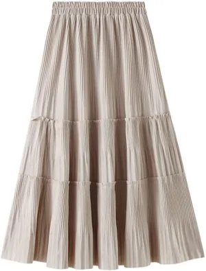 Women's Vintage Corduroy A-line Ruffle Elastic Waist Midi Long Skirt A-Line Midi Pleated Skirt