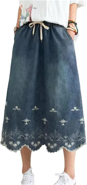 Women's Vintage Floral Denim Skirt Midi Stretch Skirt High Waist Loose Denim Skirt