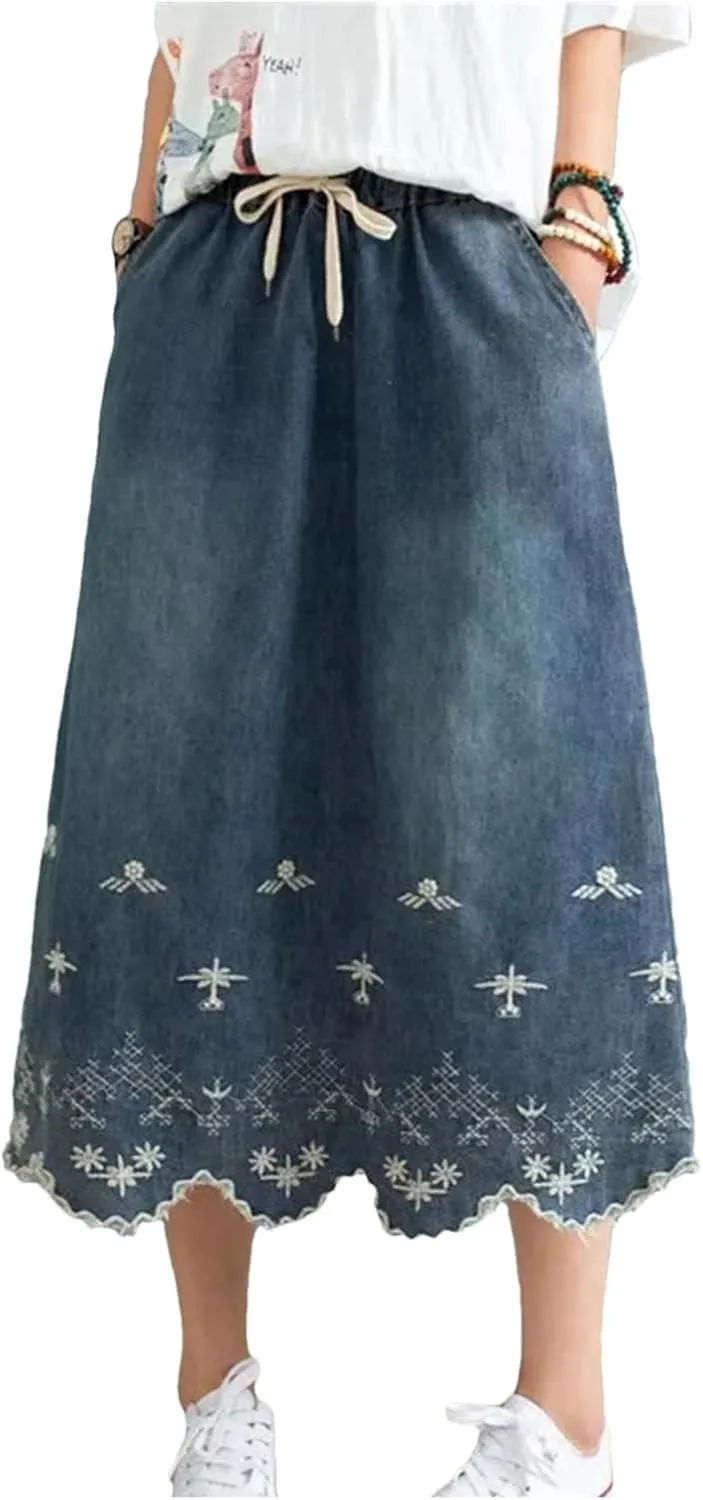 Women's Vintage Floral Denim Skirt Midi Stretch Skirt High Waist Loose Denim Skirt