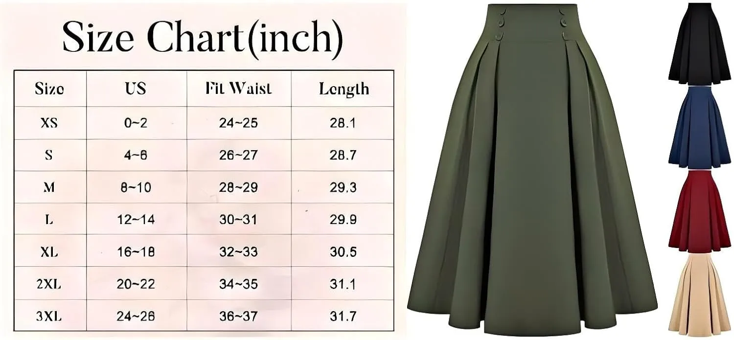Women's Vintage High Waist Pleated Midi A-Line Skirt with Pockets