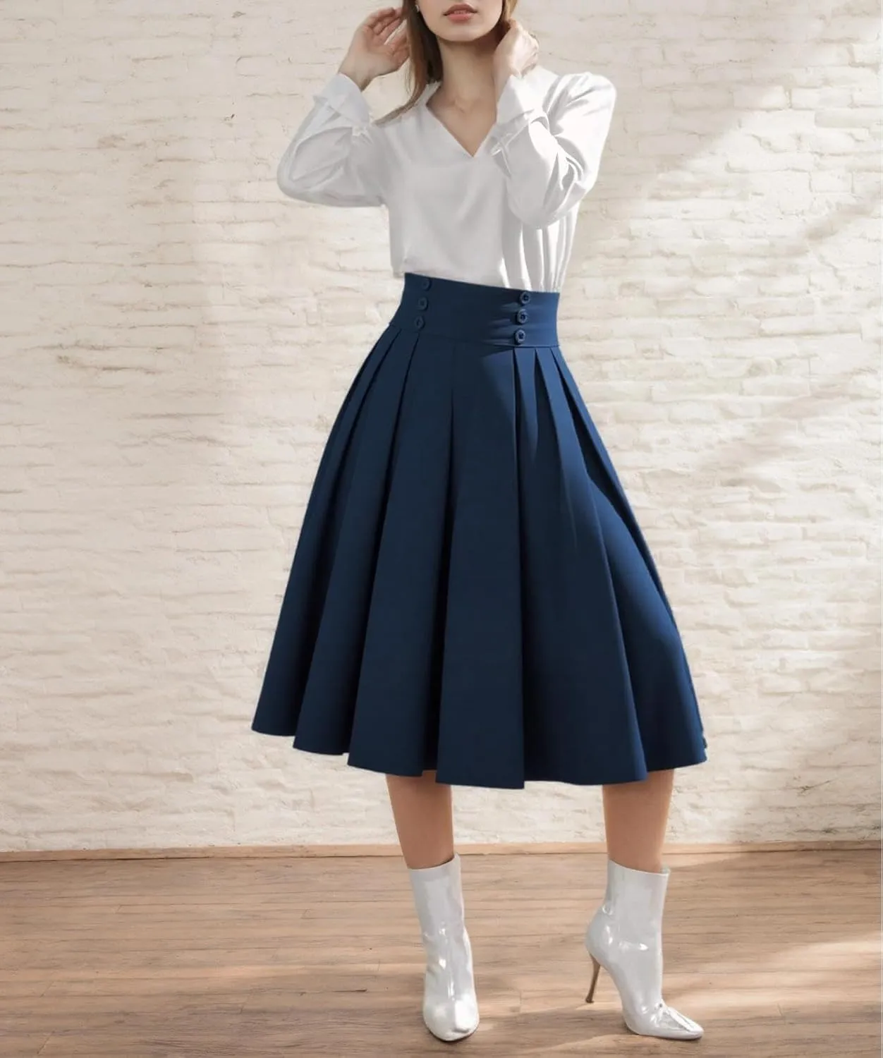 Women's Vintage High Waist Pleated Midi A-Line Skirt with Pockets
