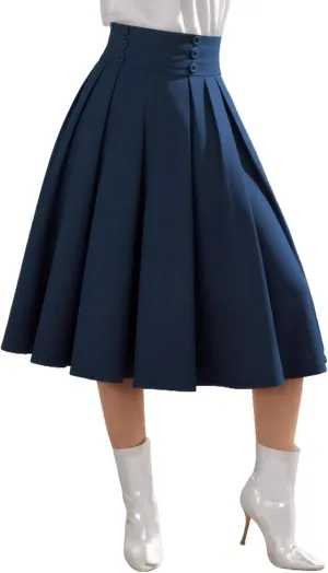 Women's Vintage High Waist Pleated Midi A-Line Skirt with Pockets