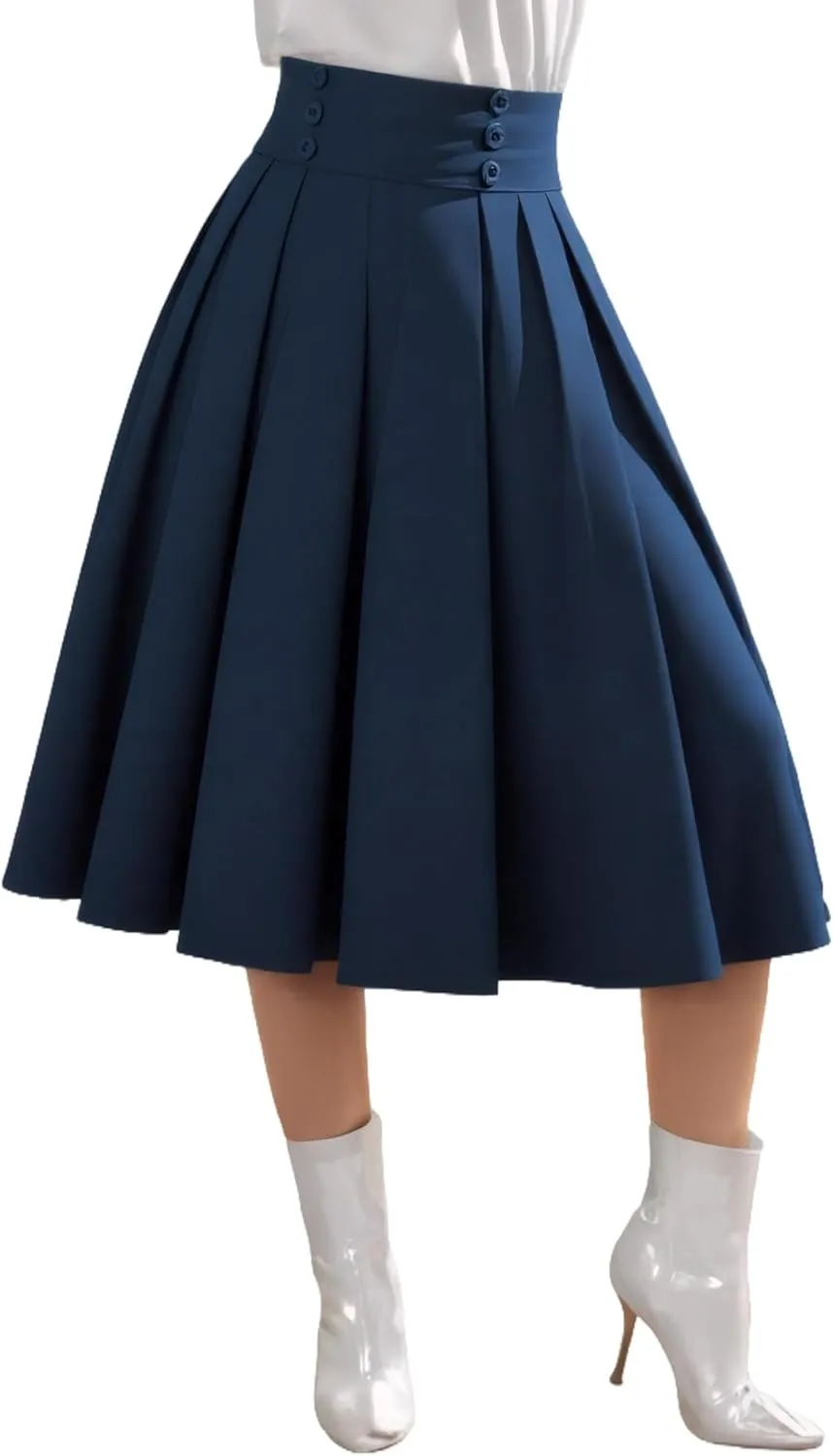 Women's Vintage High Waist Pleated Midi A-Line Skirt with Pockets