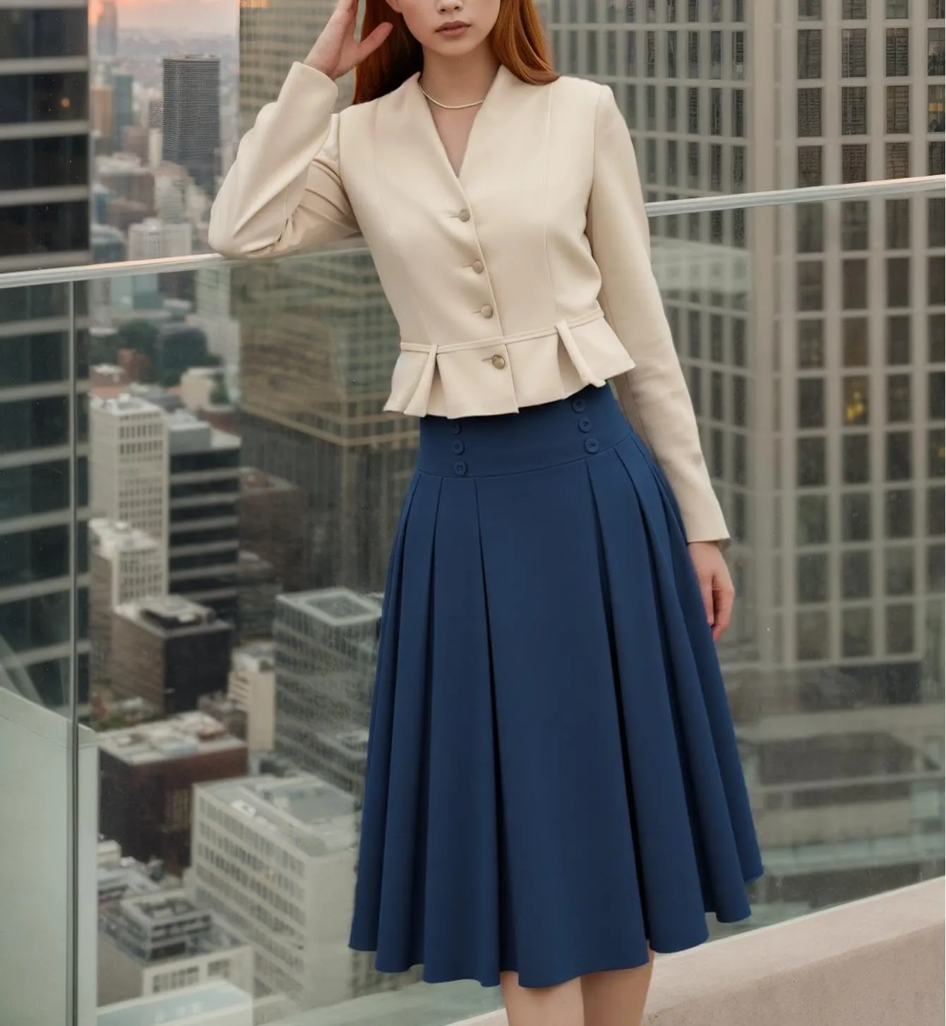 Women's Vintage High Waist Pleated Midi A-Line Skirt with Pockets