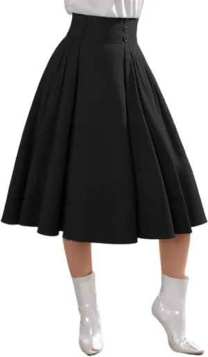 Women's Vintage High Waist Pleated Midi A-Line Skirt with Pockets