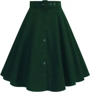 Women's Vintage Midi Skirt, Stretch High Waist A-Line Swing Skirts Elegant Prom Party Clothes with Pockets and Belts
