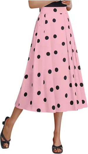 Women's Vintage Polka Dot Color Block Pleated High Waist Skirt Cocktail Party Evening Prom A-Line Swing Midi Skirts