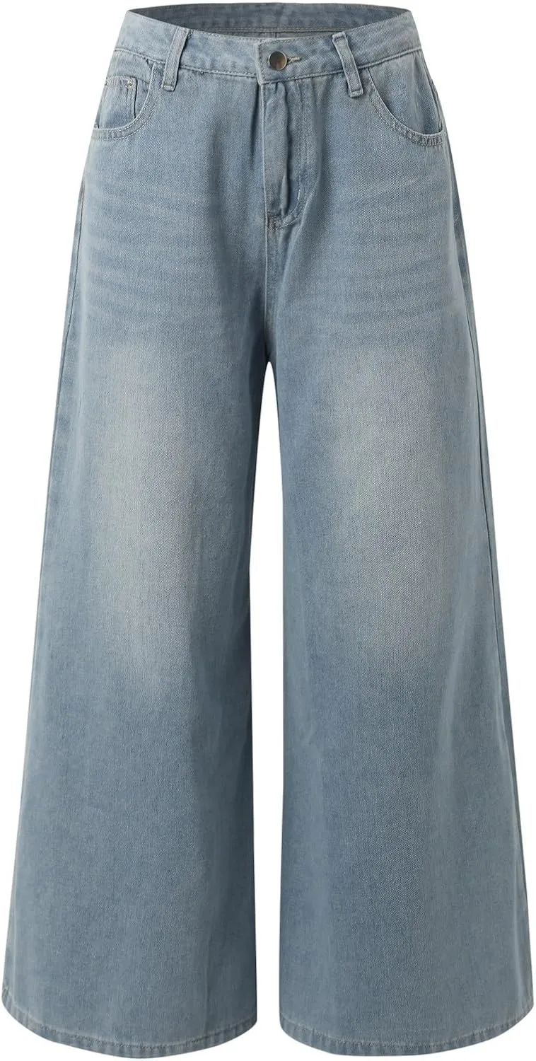 Women's Wide Leg Jeans High Waisted Stretch Jeans Casual Baggy Denim Pants Distressed Long Jeans with Pockets