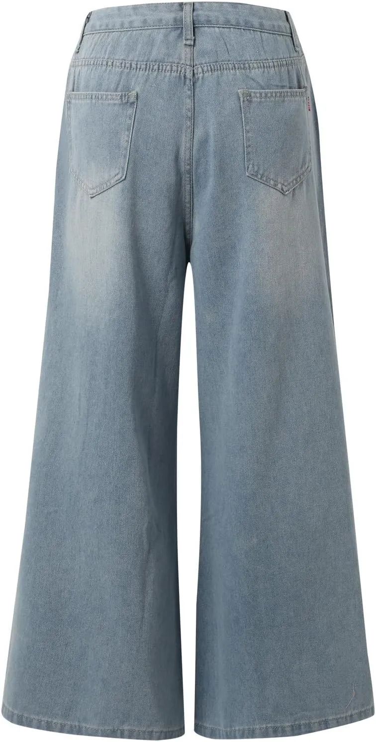 Women's Wide Leg Jeans High Waisted Stretch Jeans Casual Baggy Denim Pants Distressed Long Jeans with Pockets