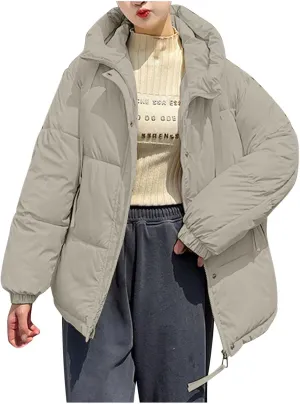 Women's Winter Drawstring Hooded Coats Warm Thicken Puffer Jacket Long Sleeve Zip Up Quilted Down Outerwear with Pockets