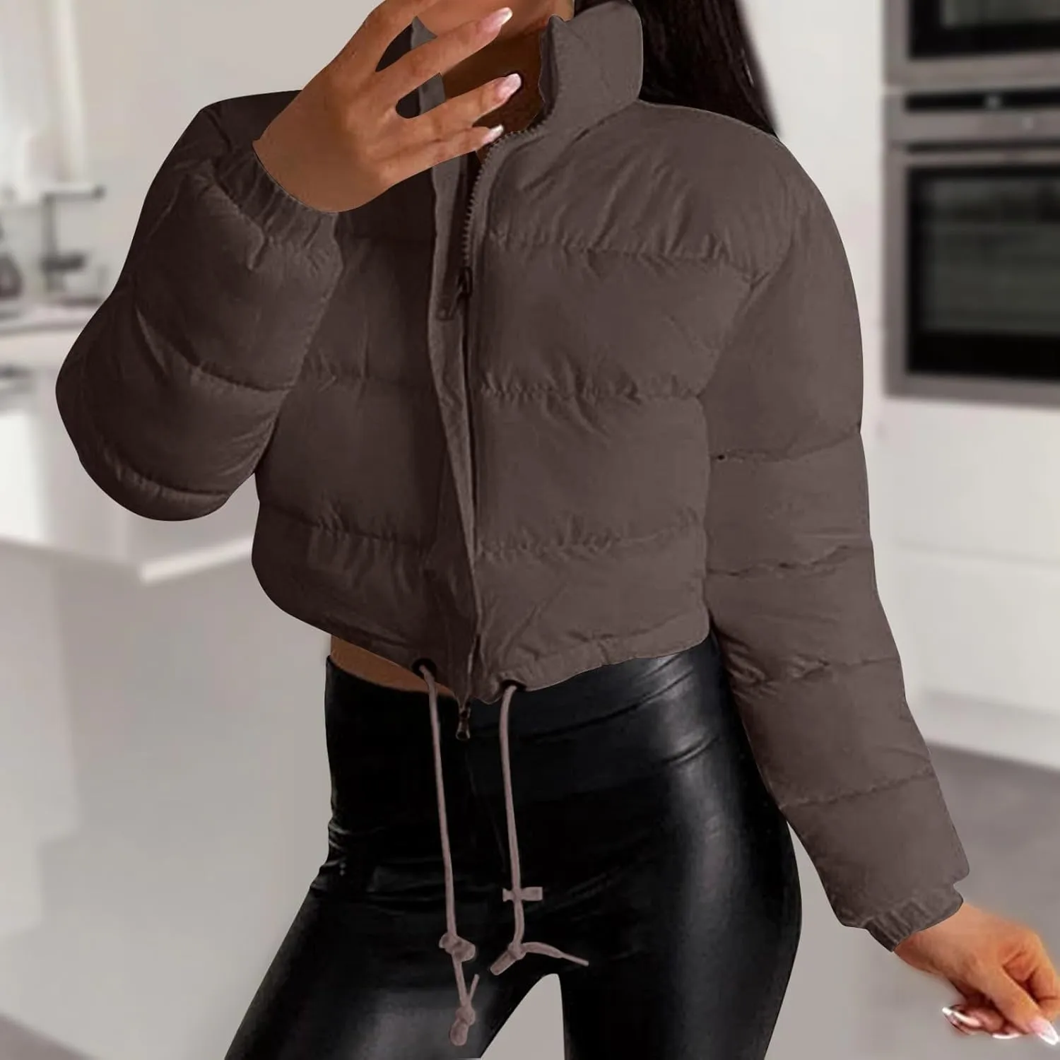 Womens Winter Long Sleeve Zip Up Puffer Jacket Stand Collar Baggy Fashion Warm Outerwear Drawstring Short Down Coats
