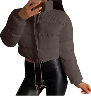 Womens Winter Long Sleeve Zip Up Puffer Jacket Stand Collar Baggy Fashion Warm Outerwear Drawstring Short Down Coats