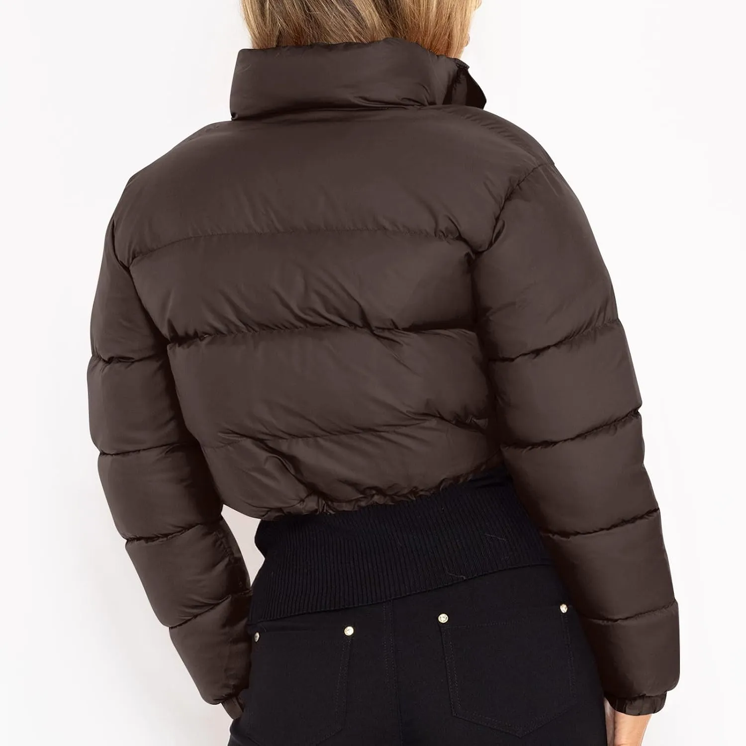 Womens Winter Long Sleeve Zip Up Puffer Jacket Stand Collar Baggy Fashion Warm Outerwear Drawstring Short Down Coats