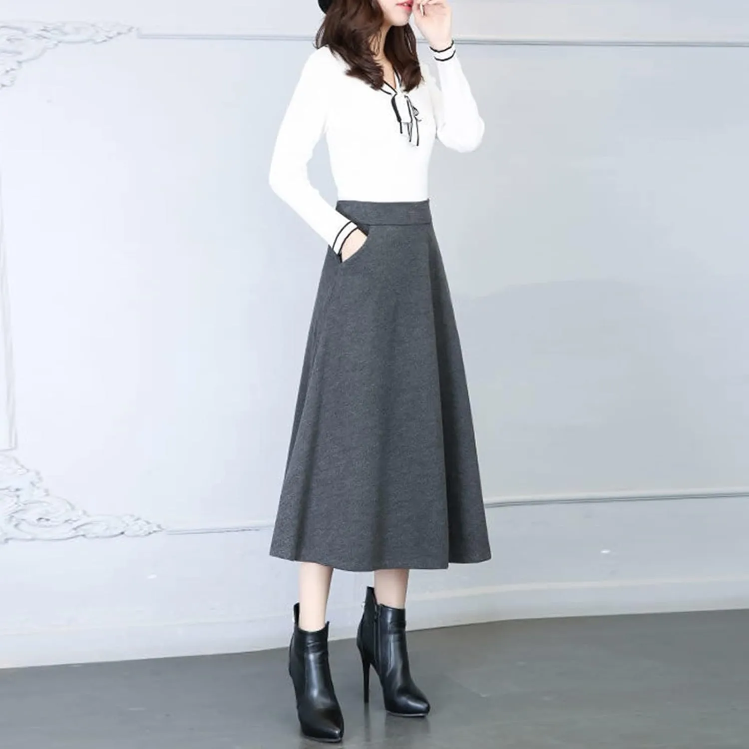 Womens Winter Vintage High Elastic Waist A Line Pleated Wool Midi Skirt 50S Pleated Midi Skirt A-Line Vintage Swing Skirt
