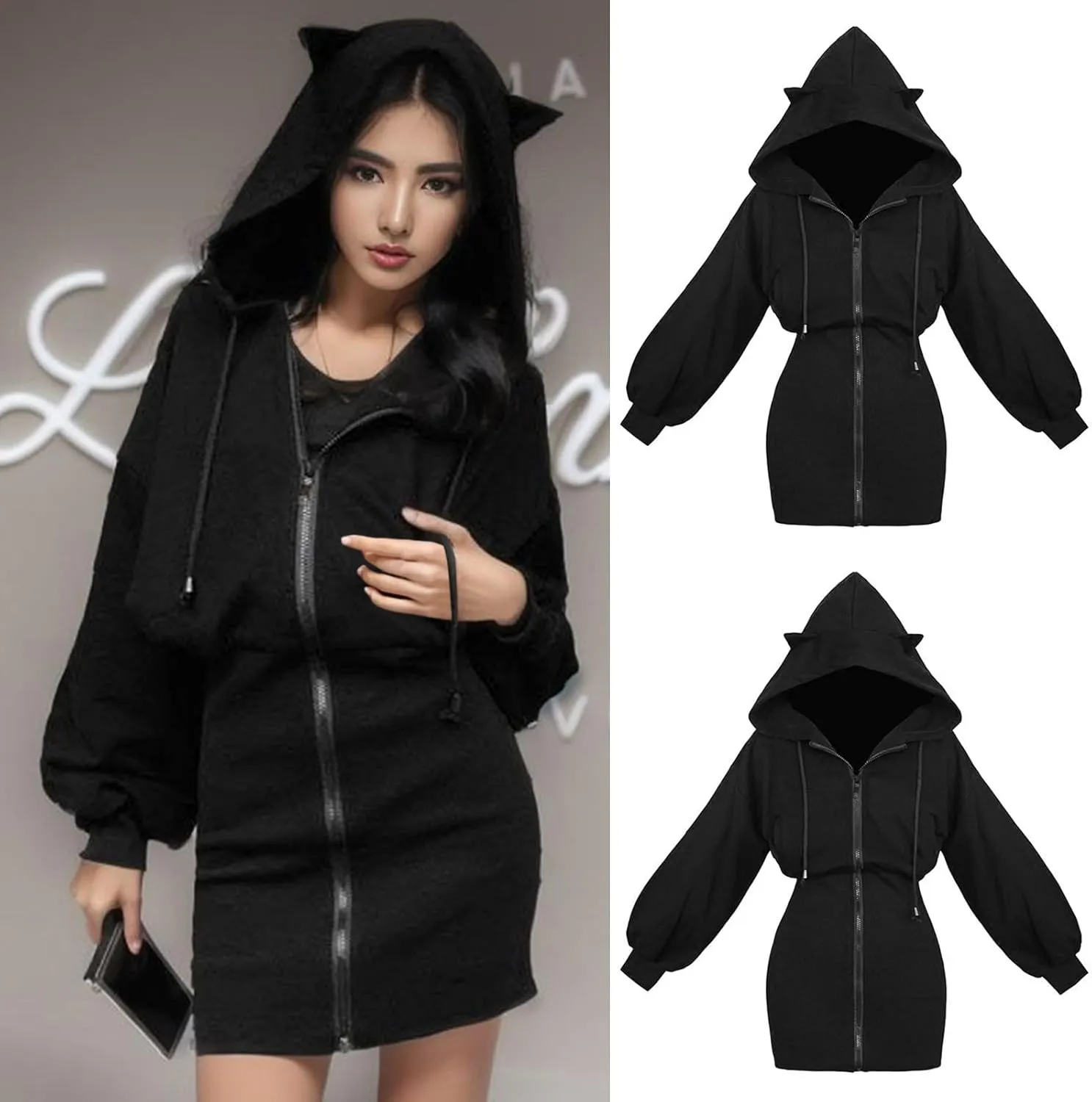 Women's Zip up Dress Pullover Hoodie Long Sleeve Cute Ear Hooded Sweatshirt Cat Dress Y2K Vintage 90s E-Girls Streetwear