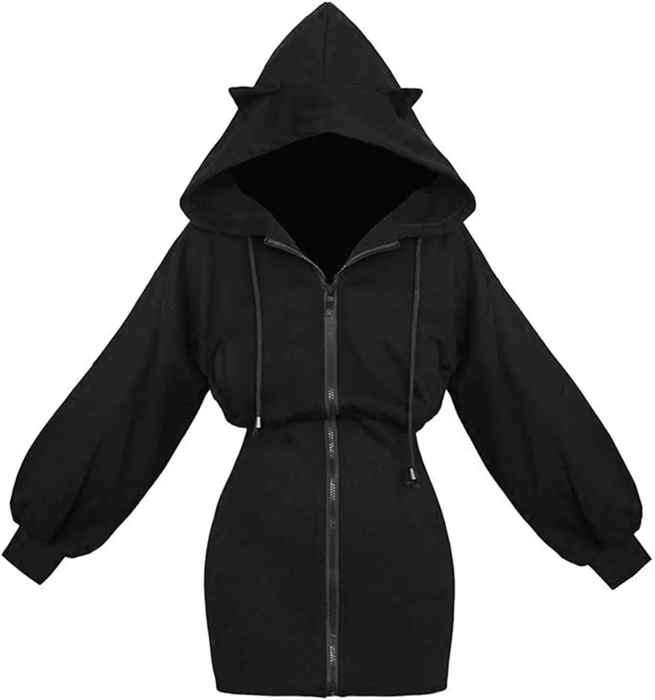 Women's Zip up Dress Pullover Hoodie Long Sleeve Cute Ear Hooded Sweatshirt Cat Dress Y2K Vintage 90s E-Girls Streetwear