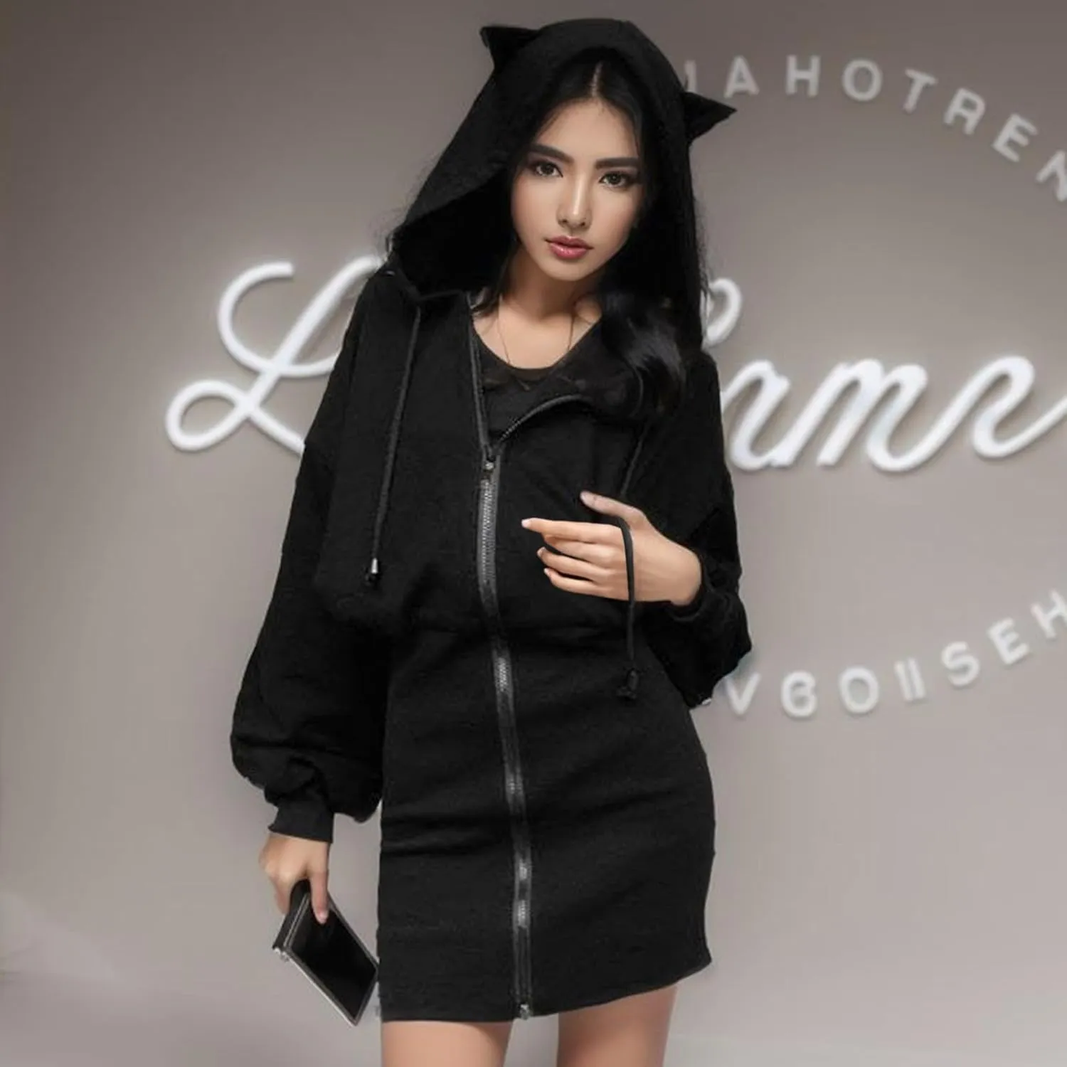 Women's Zip up Dress Pullover Hoodie Long Sleeve Cute Ear Hooded Sweatshirt Cat Dress Y2K Vintage 90s E-Girls Streetwear