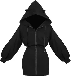 Women's Zip up Dress Pullover Hoodie Long Sleeve Cute Ear Hooded Sweatshirt Cat Dress Y2K Vintage 90s E-Girls Streetwear